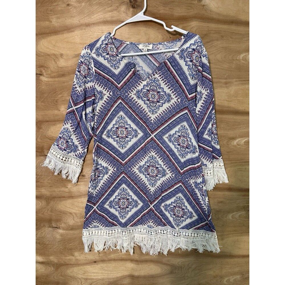 Umgee Floral Boho Fringe Shirt Dress Size Medium
